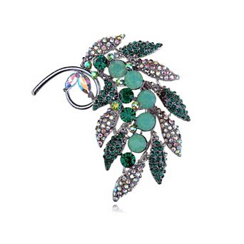 Vintage Inspired Shiny Emerald Green Rainbow Rhinestones Flower Leaf Bouquet Feather Brooch Pin