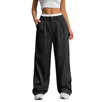 Women's Striped Straight Pants Color Block High Waisted Wide Leg Casual Work Office Long Trousers