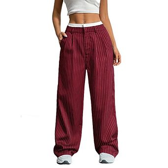 Women's Striped Straight Pants Color Block High Waisted Wide Leg Casual Work Office Long Trousers