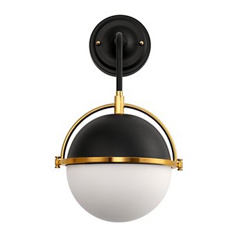 17 in Modern Globe Wall Sconce 1 Light Black Gold Milk Glass Shade for Living Room E26 Base