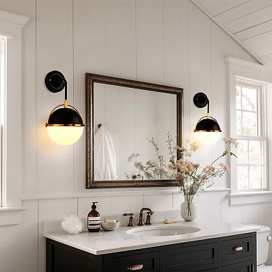 17in Modern Globe Wall Sconce 1 Light Black Gold Milk Glass Shade for Living Room E26 Base