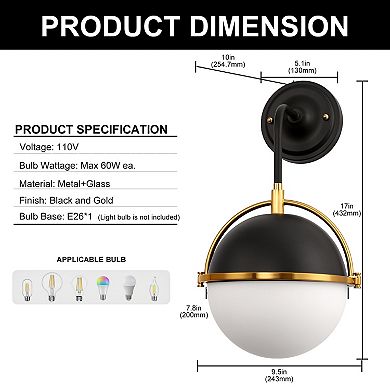 17in Modern Globe Wall Sconce 1 Light Black Gold Milk Glass Shade for Living Room E26 Base