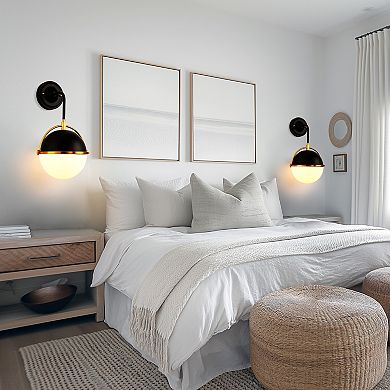 17in Modern Globe Wall Sconce 1 Light Black Gold Milk Glass Shade for Living Room E26 Base