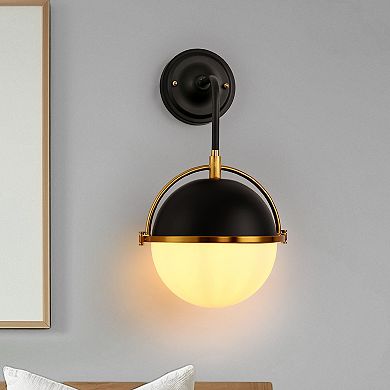 17in Modern Globe Wall Sconce 1 Light Black Gold Milk Glass Shade for Living Room E26 Base