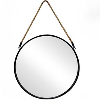 KSIZUIS 15" Farmhouse Rope Hanging Mirror - Black Metal Frame Round Wall Mirror for Home Decor