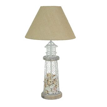White and Grey Metal Real Seashell Lighthouse Table Lamp with Burlap Shade