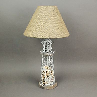 White and Grey Metal Real Seashell Lighthouse Table Lamp with Burlap Shade