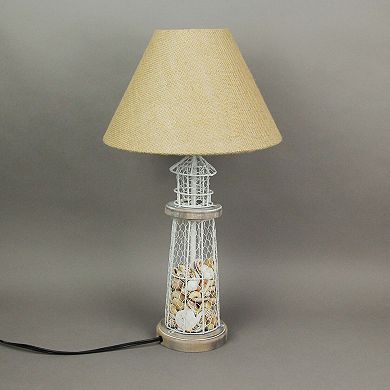 White and Grey Metal Real Seashell Lighthouse Table Lamp with Burlap Shade