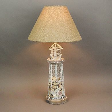 White and Grey Metal Real Seashell Lighthouse Table Lamp with Burlap Shade
