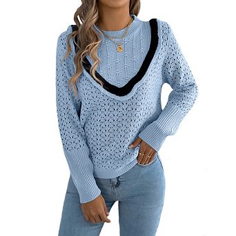 Women's Lightweight Long Sleeve Crewneck Crochet Sweaters Color Block Casual Trendy Pullover Tops