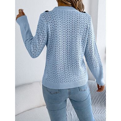 Women's Lightweight Long Sleeve Crewneck Crochet Sweaters Color Block Casual Trendy Pullover Tops