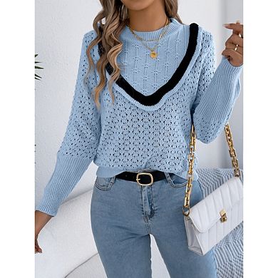 Women's Lightweight Long Sleeve Crewneck Crochet Sweaters Color Block Casual Trendy Pullover Tops
