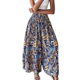 Women's Boho Floral Shirred High Waisted Wide Leg Pants Flowy Trousers Beach Vacation Wear