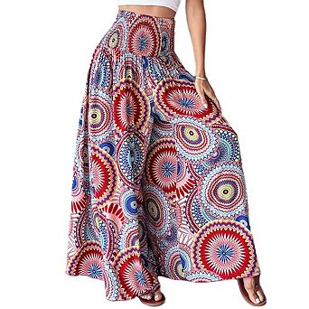Women's Boho Floral Shirred High Waisted Wide Leg Pants Flowy Trousers Beach Vacation Wear