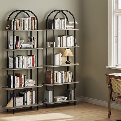 5-Tier 71" Tall Bookcase Metal Frame Freestanding for Living Room Sturdy Storage Organizer 2Pcs