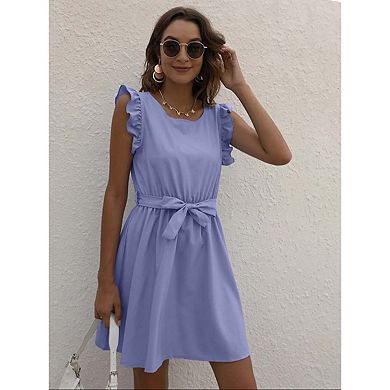 Seoria Round Neck Flutter Sleeve Mini Dress with Belt