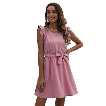 Seoria Round Neck Flutter Sleeve Mini Dress with Belt
