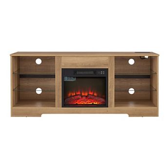 GOODSILO Electric Fireplace TV Stand with Glass Shelves and LED Lighting for TVs up to 65 Inch