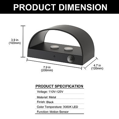 7.9in Modern Wall Light 2 Pack Matte Black Motion Sensor 9.55W LED 3000K for Corridor Porch