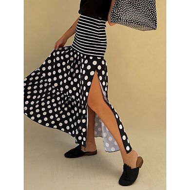 Women's Polka Dots Midi Skirt Summer Flowy Casual Side Slit Long Skirts