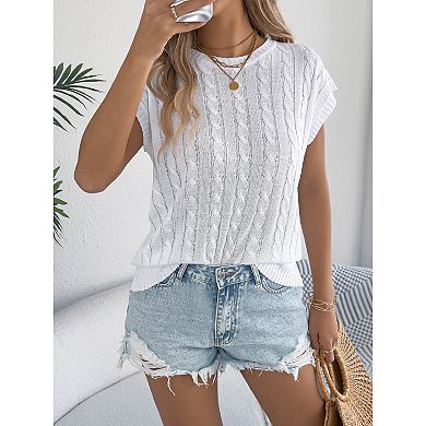 Women Cable Knit Top Short Sleeve Loose Fit Shirt