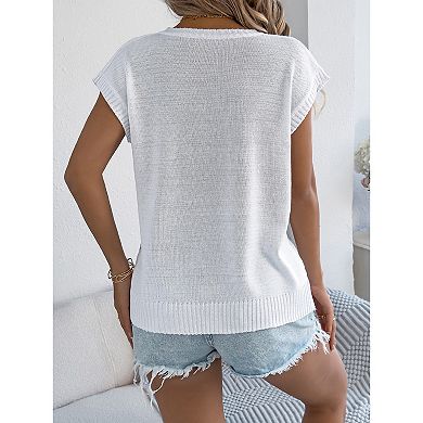 Women Cable Knit Top Short Sleeve Loose Fit Shirt