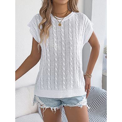 Women Cable Knit Top Short Sleeve Loose Fit Shirt