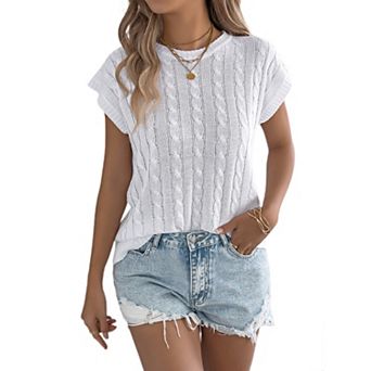 Women Cable Knit Top Short Sleeve Loose Fit Shirt