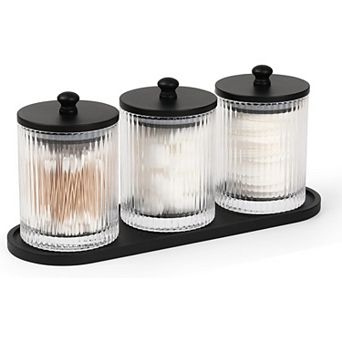 KSIZUIS 3-Pack Glass Apothecary Jars with Lids-Qtip,Cotton Ball&Tray Holders for Bathroom Organizing