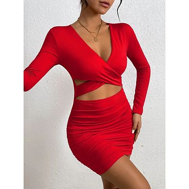 Women's Long Sleeve High Waisted Dresses Solid Color Cutout Trendy Bodycon Dress