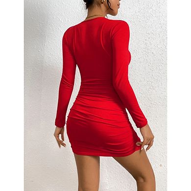 Women's Long Sleeve High Waisted Dresses Solid Color Cutout Trendy Bodycon Dress