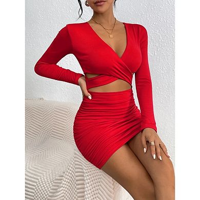 Women's Long Sleeve High Waisted Dresses Solid Color Cutout Trendy Bodycon Dress