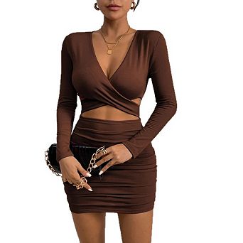Women's Long Sleeve High Waisted Dresses Solid Color Cutout Trendy Bodycon Dress