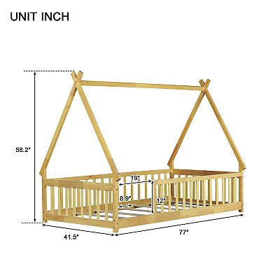 GOODSILO Twin Size Tent Floor Bed with Guardrails and Slats for Kids Room