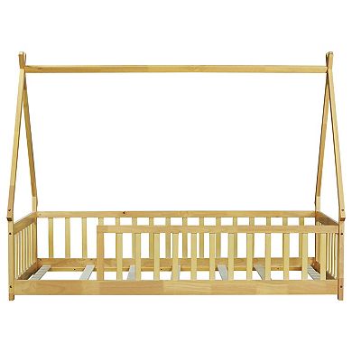 GOODSILO Twin Size Tent Floor Bed with Guardrails and Slats for Kids Room