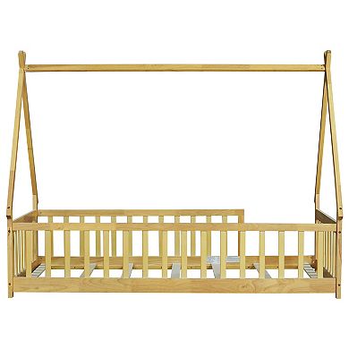 GOODSILO Twin Size Tent Floor Bed with Guardrails and Slats for Kids Room