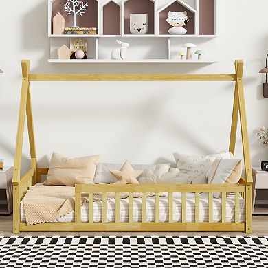 GOODSILO Twin Size Tent Floor Bed with Guardrails and Slats for Kids Room