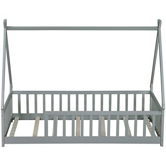GOODSILO Twin Size Tent Floor Bed with Guardrails and Slats for Kids Room