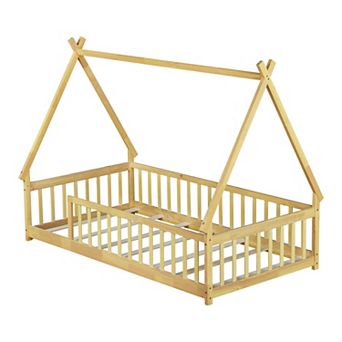 GOODSILO Twin Size Tent Floor Bed with Guardrails and Slats for Kids Room