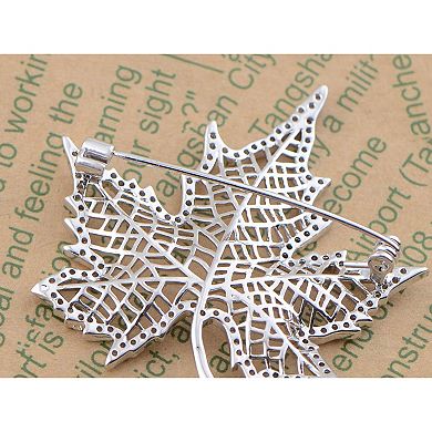Women's Silver Tone Zircon Crystals Gold Plated Fashion Leaf Brooch Pin