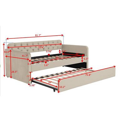 Pnronnc Twin Upholstered Daybed with Pull-Out Trundle and USB Charging Velvet Tufted Sofa Bed Frame