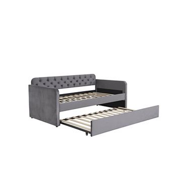 Pnronnc Twin Upholstered Daybed with Pull-Out Trundle and USB Charging Velvet Tufted Sofa Bed Frame