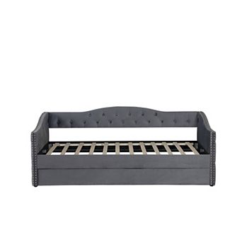 Pnronnc Twin Upholstered Daybed with Pull-Out Trundle and USB Charging Velvet Tufted Sofa Bed Frame