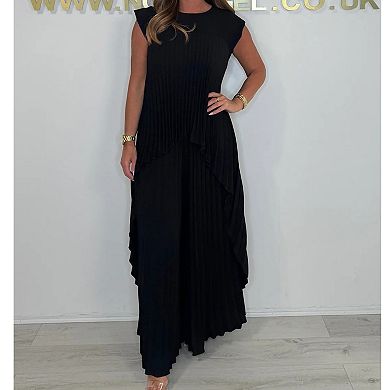 Women's Casual Pleated 2-Piece Set Top Wide Leg Pants for Vacation Events