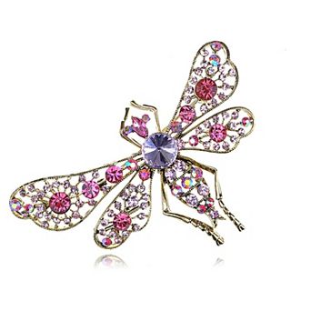 Womens Gilded Golden Tone Filigree Light Pink Purple Rhinestones dragonfly Insect Brooch Pin
