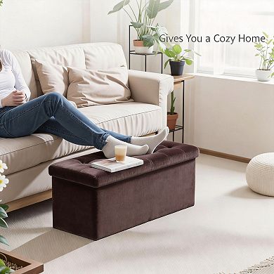 Folding Storage Ottoman Bench Sturdy Linen Multipurpose Foot Rest Stool