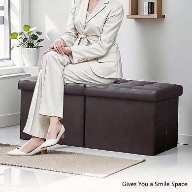 Folding Storage Ottoman Bench Sturdy Linen Multipurpose Foot Rest Stool