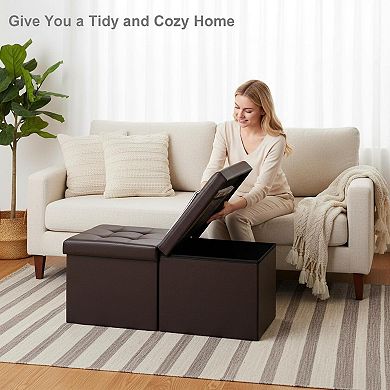 Folding Storage Ottoman Bench Sturdy Linen Multipurpose Foot Rest Stool