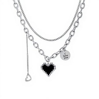 Women's Layered Chain Necklace with Pixel Heart and Engraved Charm Pendants