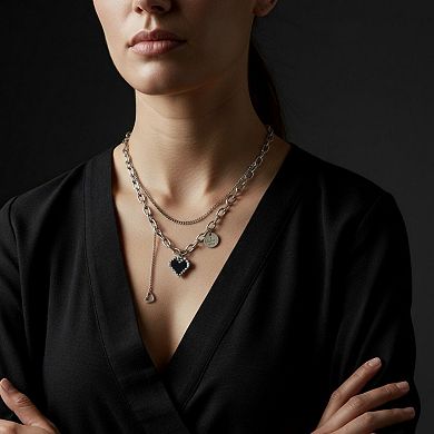 Women's Layered Chain Necklace with Pixel Heart and Engraved Charm Pendants